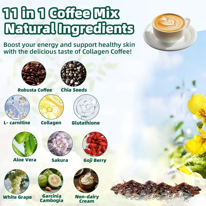 **Café Robusta 11-en-1 Sans Sucre – Café Instantané au Collagène, Graines de Chia & Baies de Goji – Mélange Riche et Onctueux – 10 ou 20 Sachets**